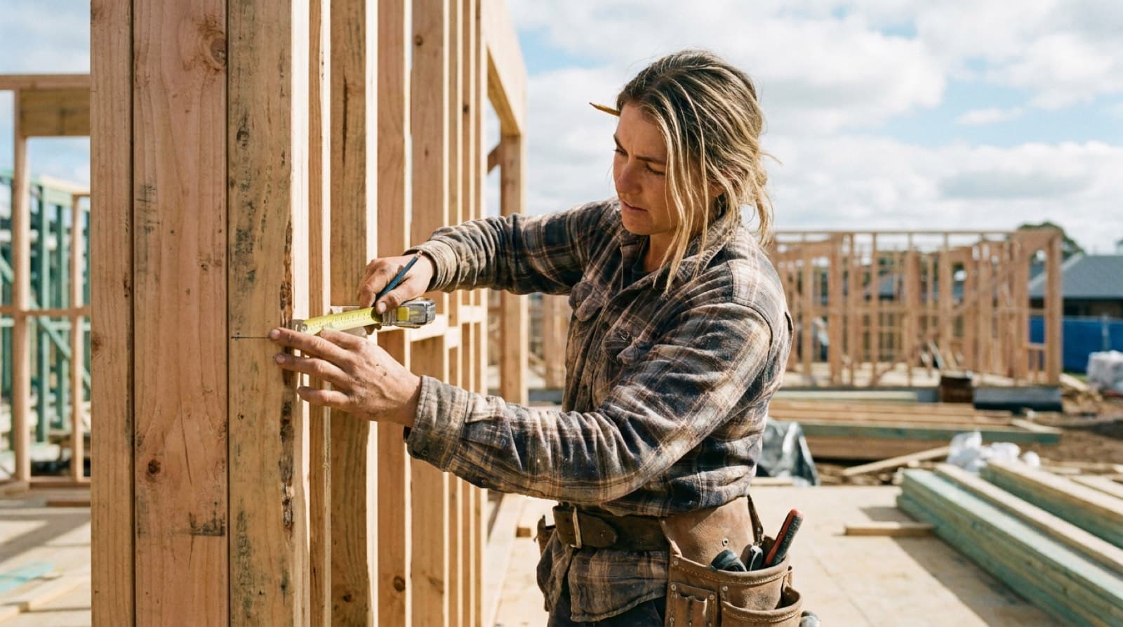 A carpenter framing a timber wall on a residential build site.