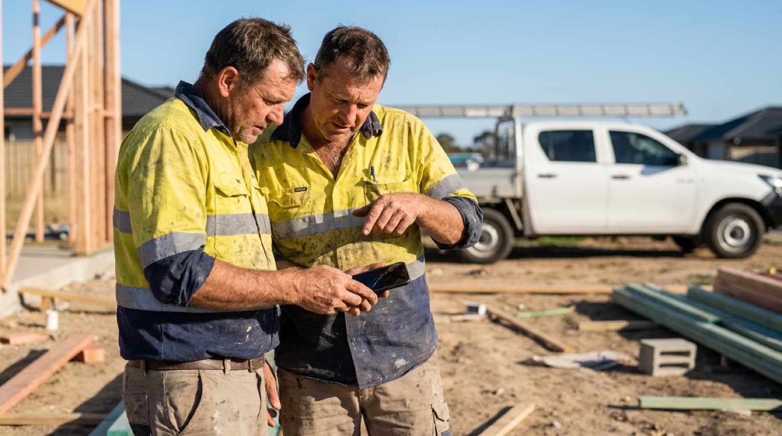 Two tradies on a job site checking a job together on a phone.