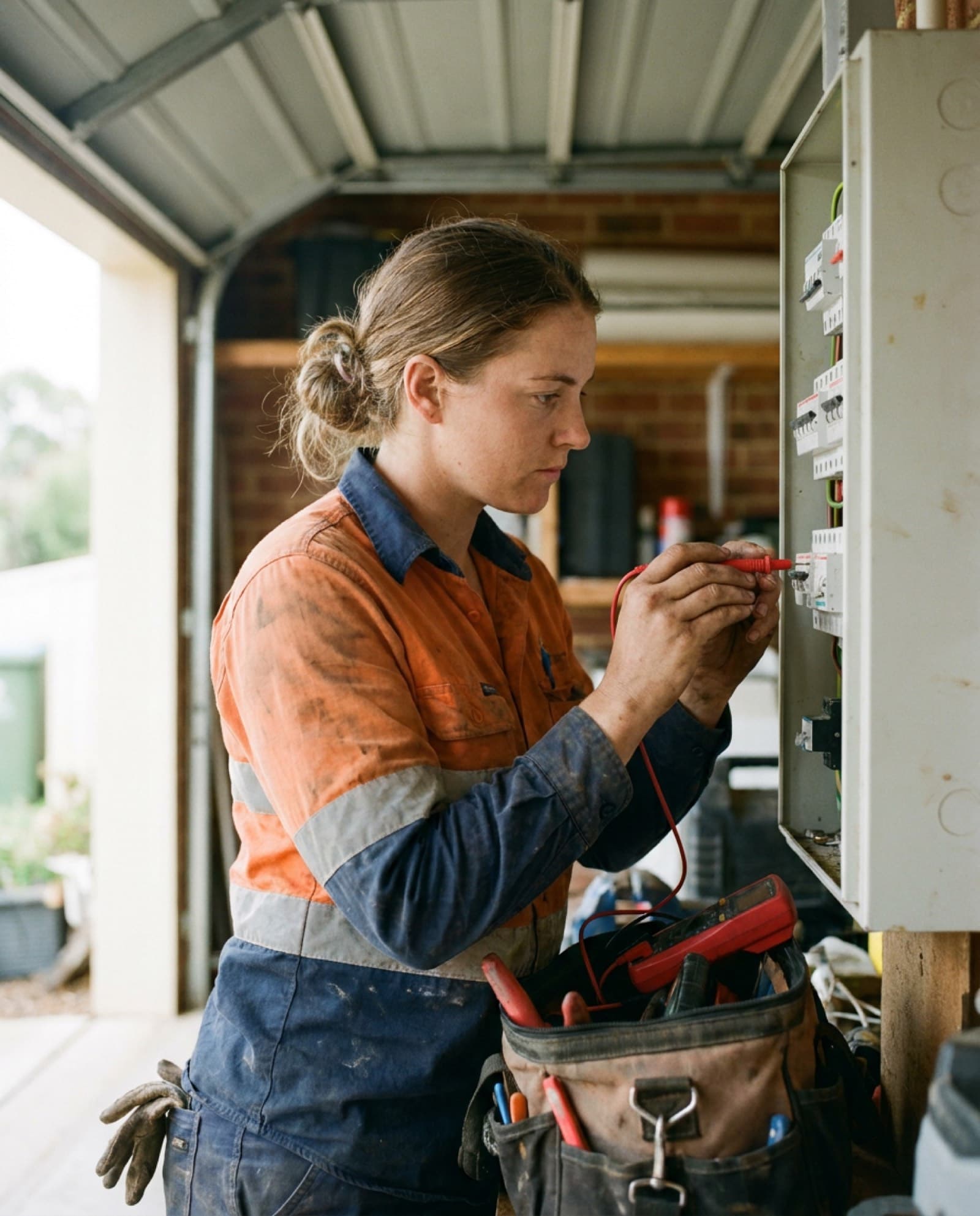 An electrician working on a switchboard on site.