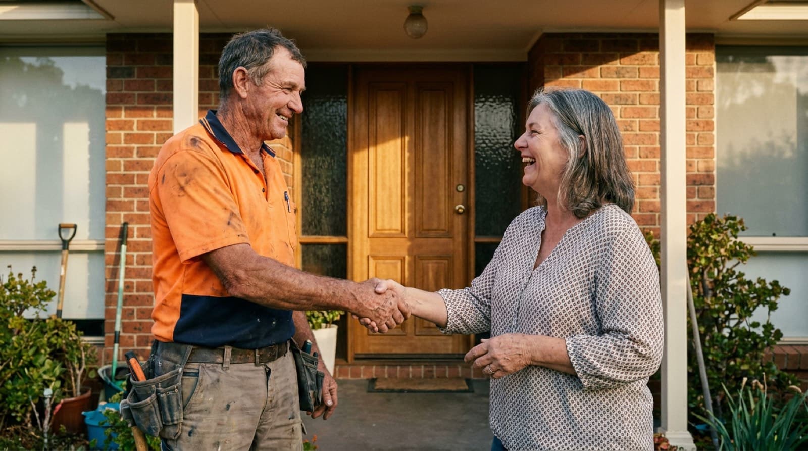 A tradie shaking hands with a happy homeowner after a job is done.