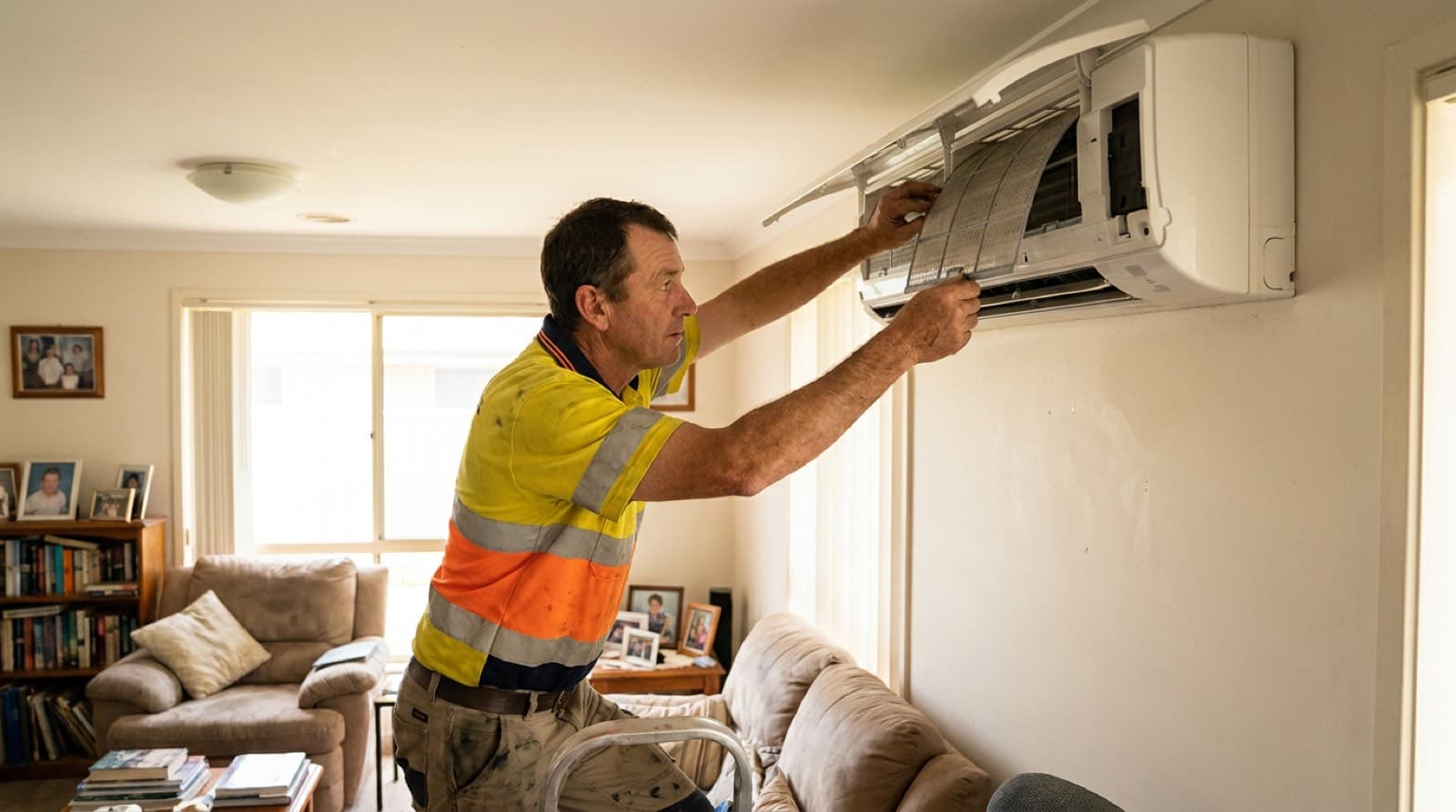 A technician servicing a wall-mounted split-system air conditioner.