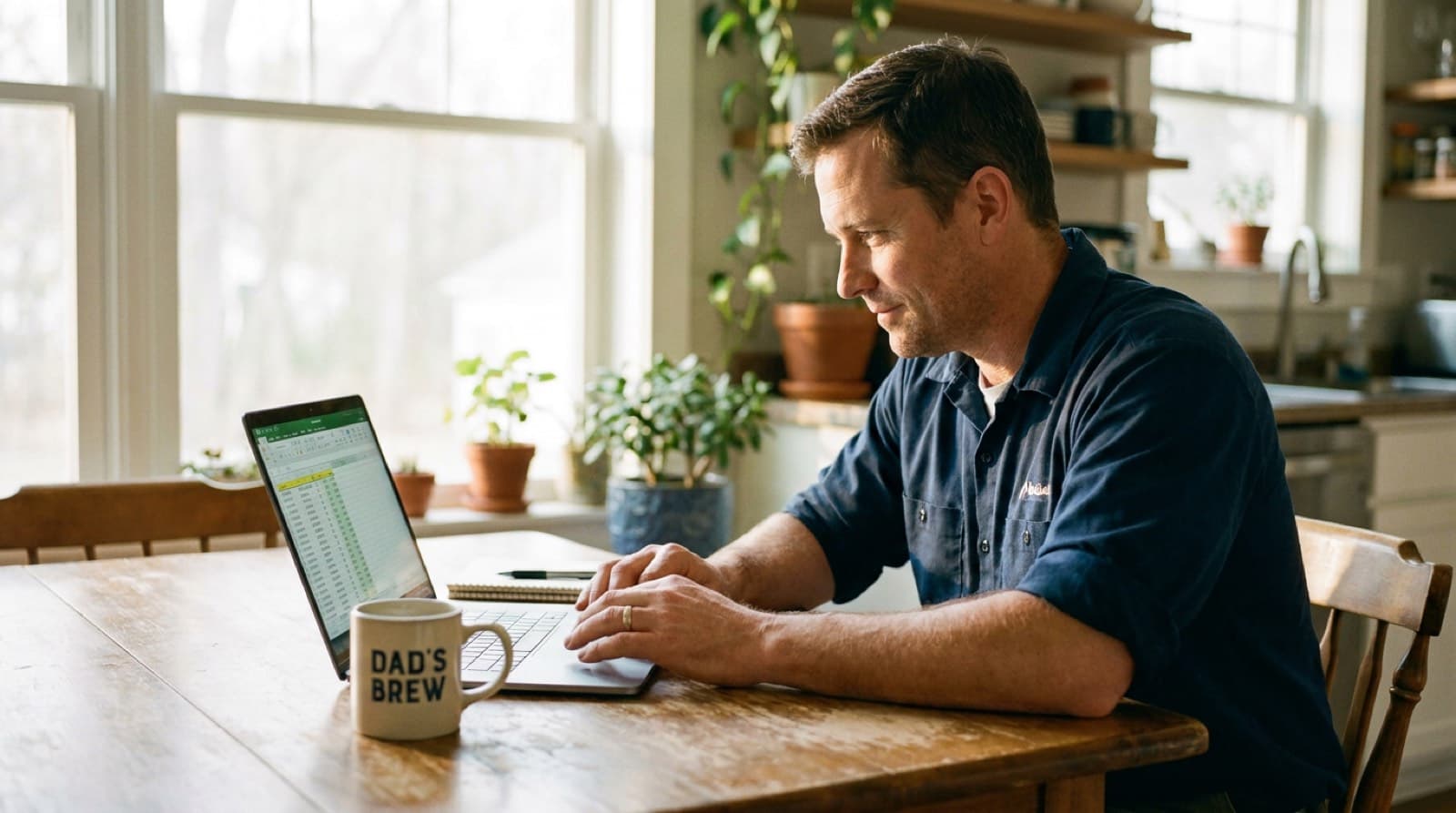 A trade business owner doing the books on a laptop at a desk.