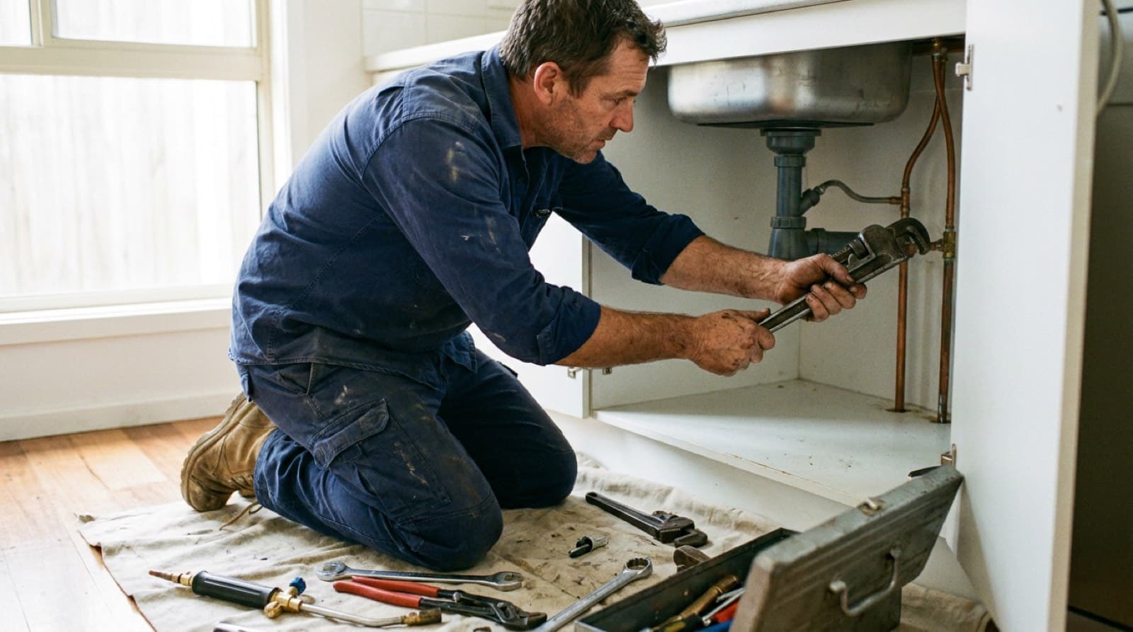 A plumber working under a kitchen sink, phone beside them on the job.
