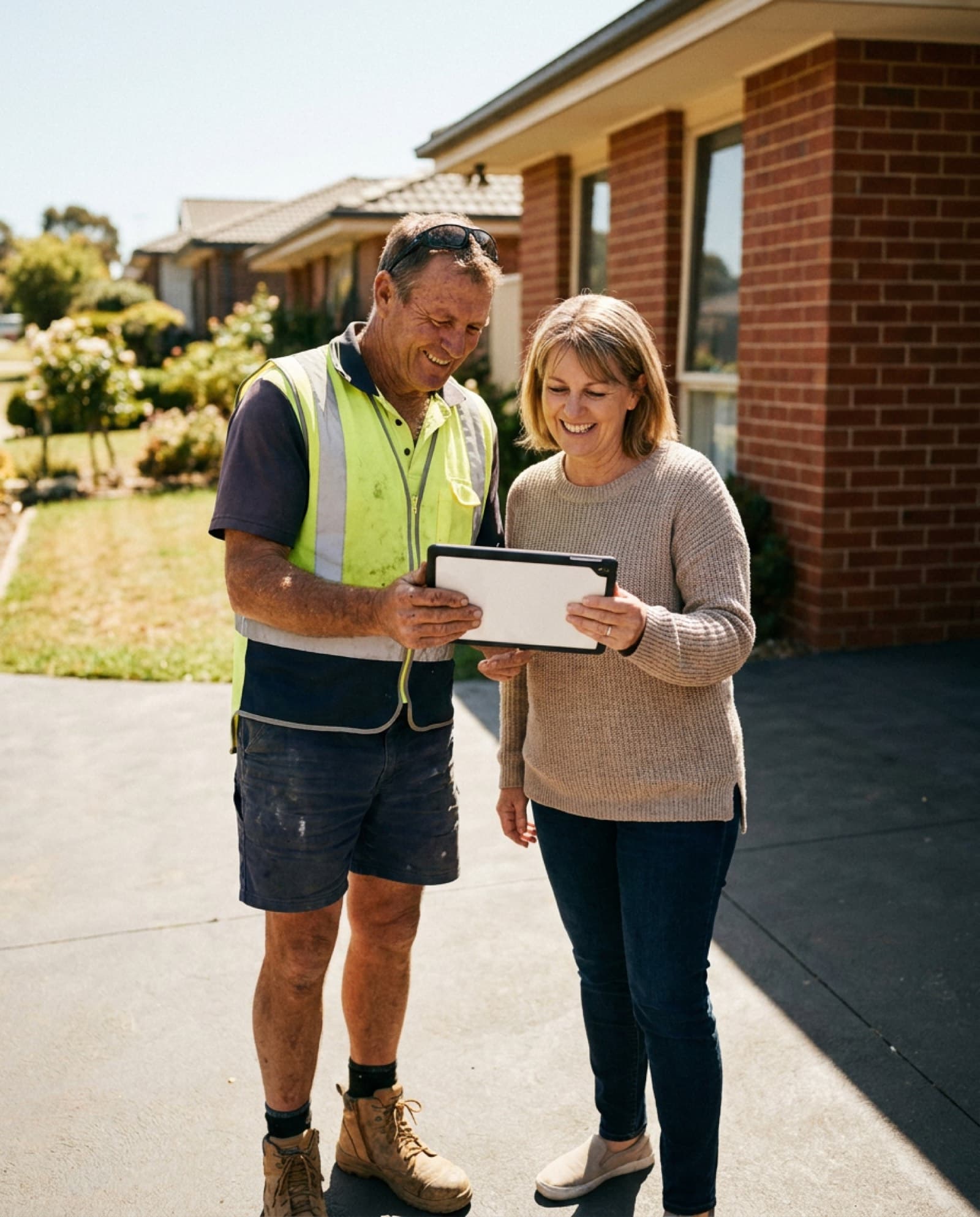 A tradie standing at a front door, showing a homeowner a quote on a tablet.