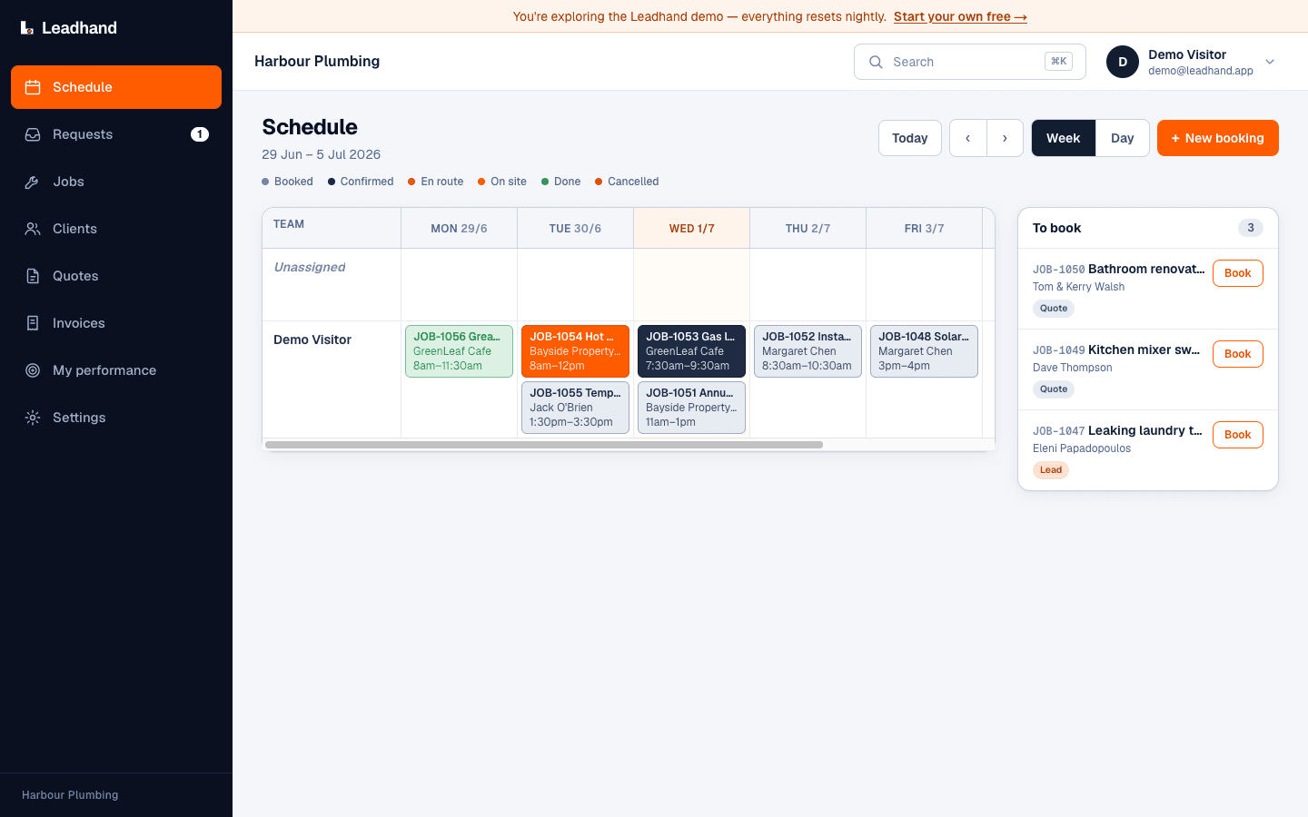 Leadhand scheduling board showing jobs organised by day and team member
