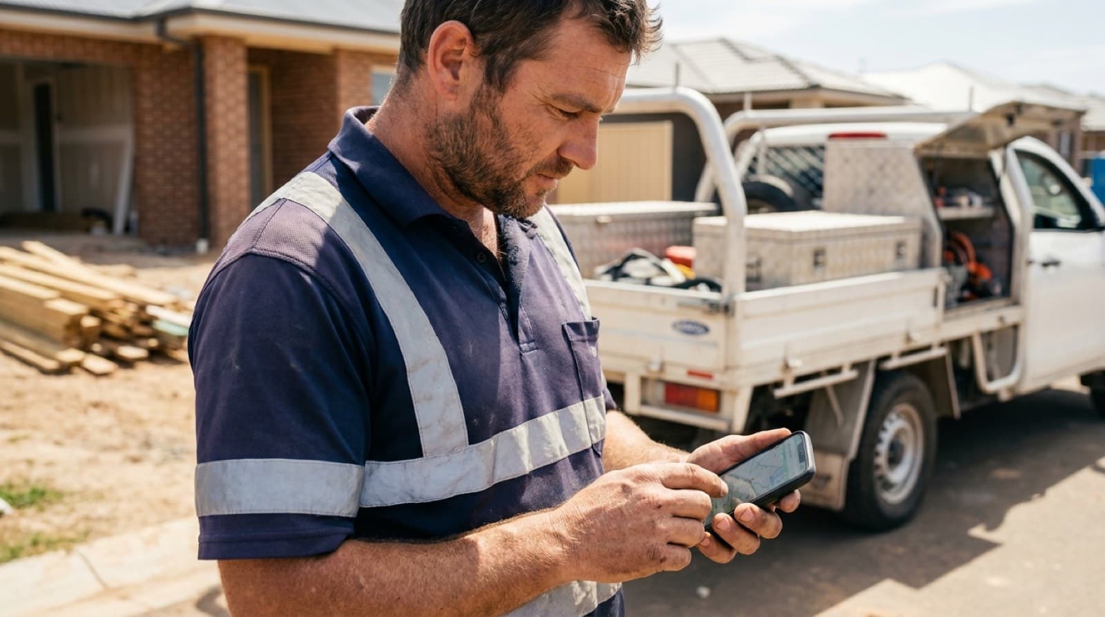A tradie checking the day's jobs on a phone on site.